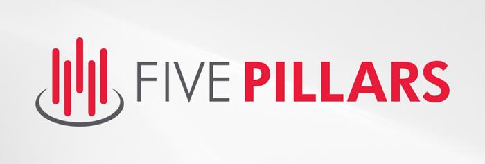 Five pillars in red on gray disc